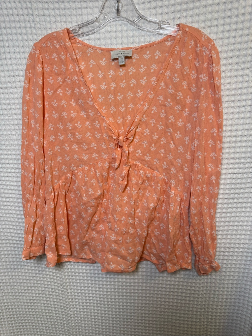 Lucky Brand Peach Peplum Tie-Front Boho Blouse, Size Large